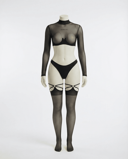 Long Sleeve Mesh Set With Brief And Stockings
