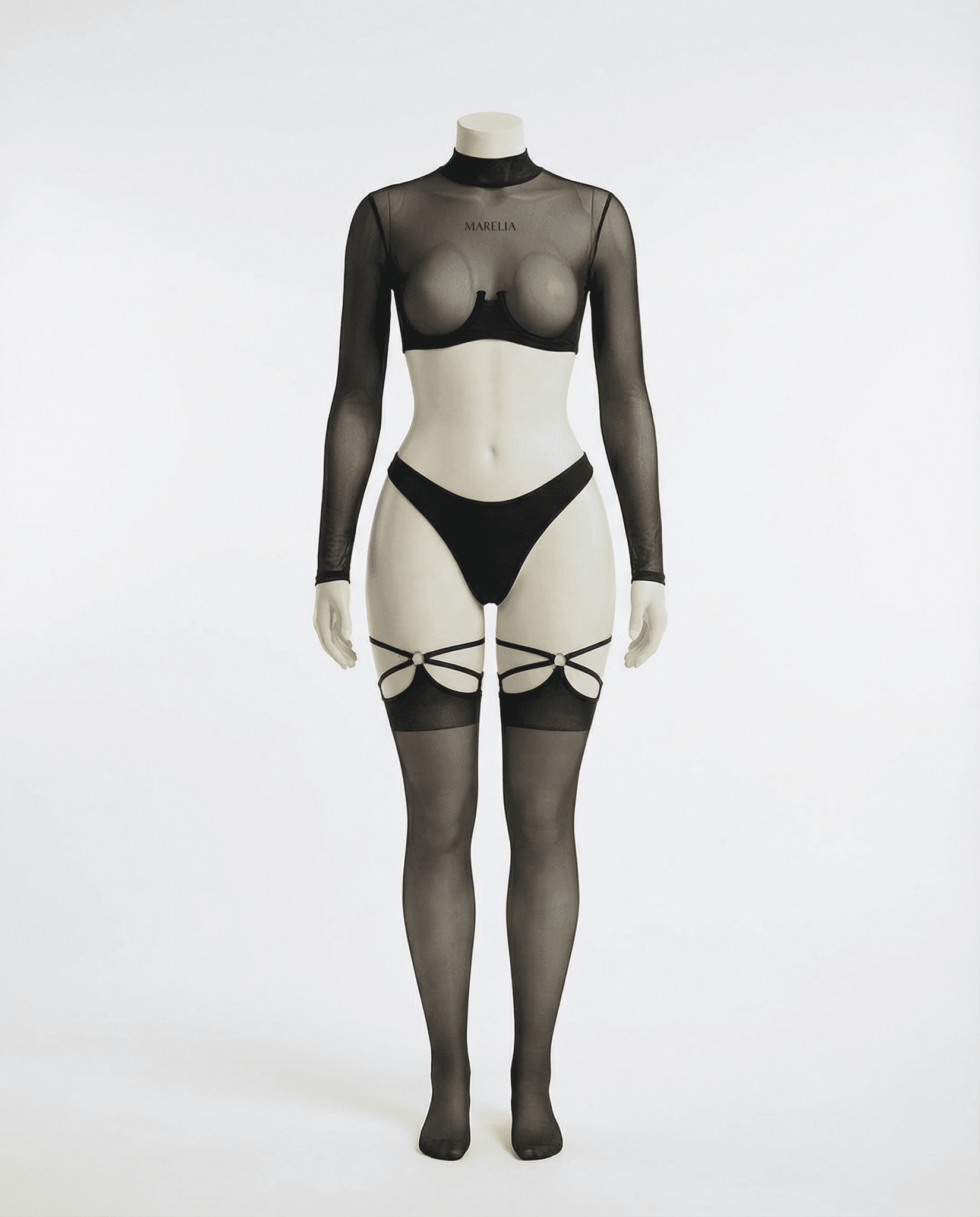Long Sleeve Mesh Set With Brief And Stockings - AR UNIVERSALghntshLingerie Set