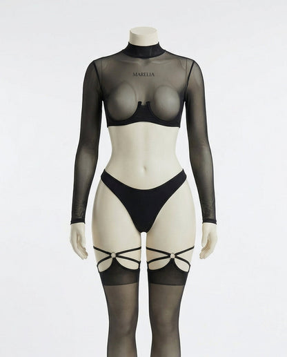 Long Sleeve Mesh Set With Brief And Stockings