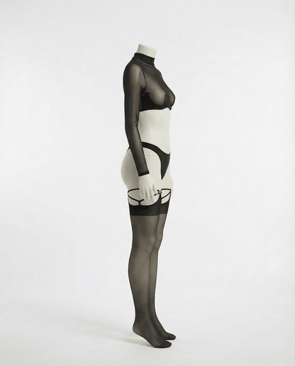 Long Sleeve Mesh Set With Brief And Stockings