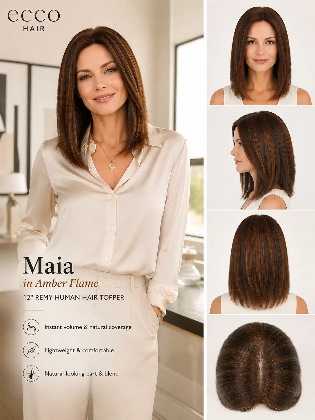 12 Inch Remy Human Hair Topper | Amber Flame | Red-Gold Mono Top Piece