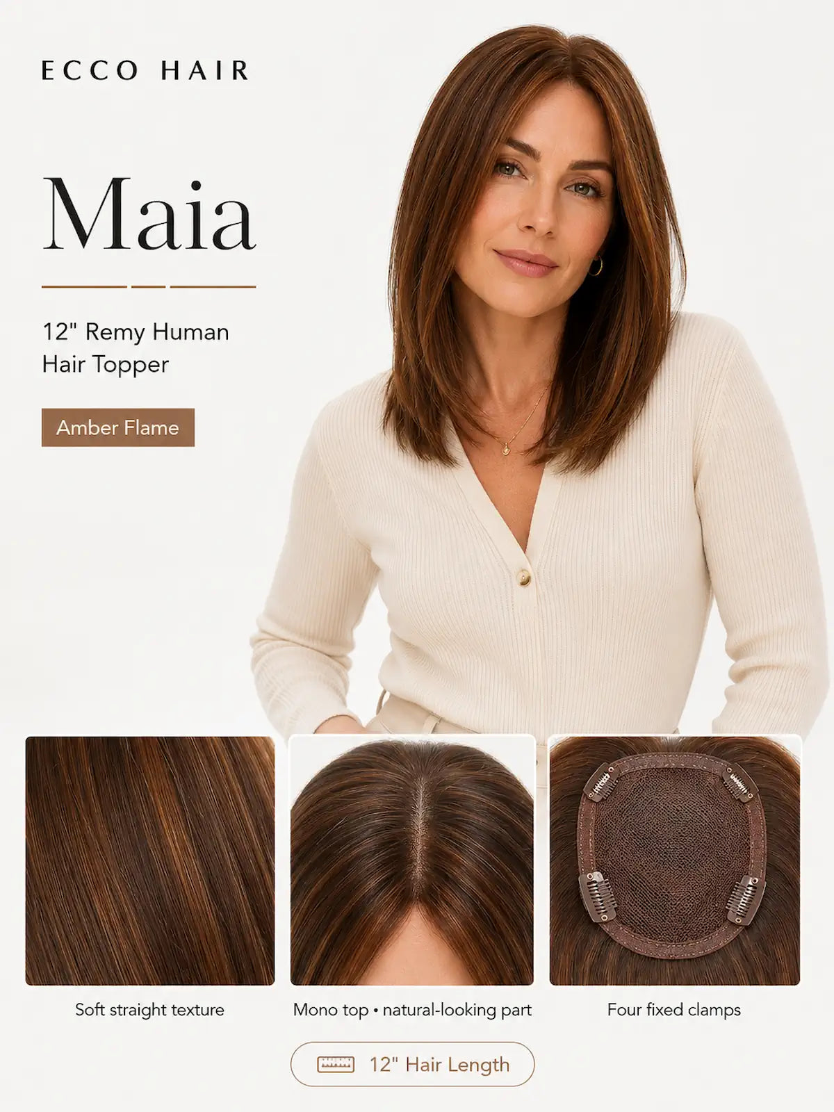 12 Inch Remy Human Hair Topper | Amber Flame | Red-Gold Mono Top Piece
