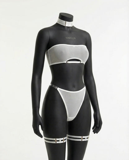 Mesh Bandeau Lingerie Set With Thigh Bands
