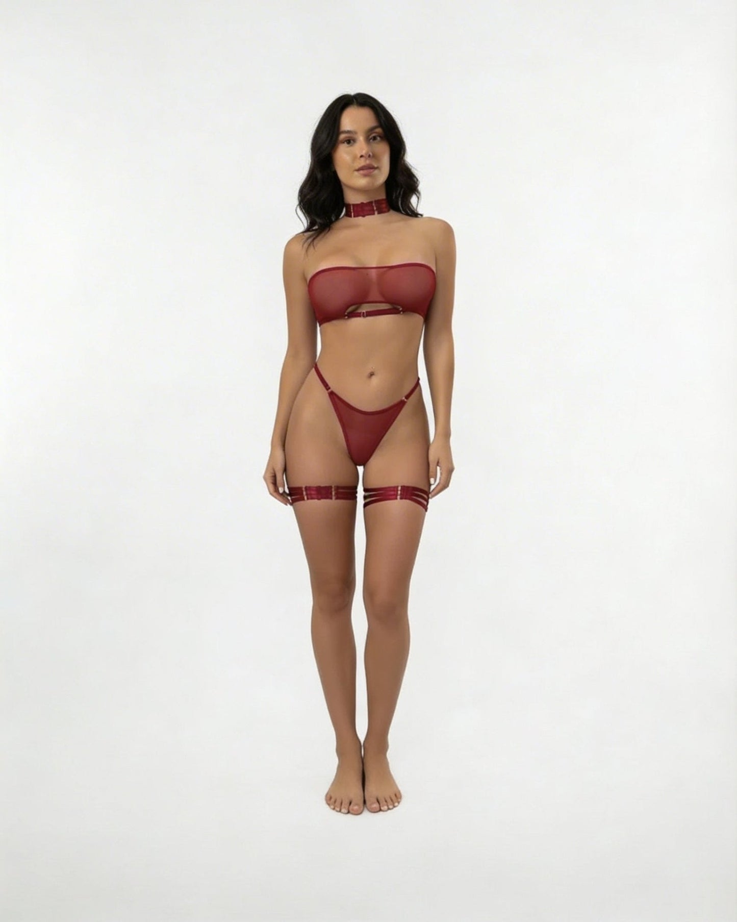 Mesh Bandeau Lingerie Set With Thigh Bands