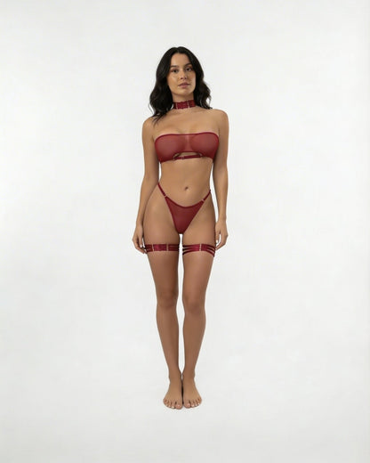 Mesh Bandeau Lingerie Set With Thigh Bands