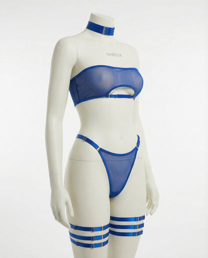 Mesh Bandeau Lingerie Set With Thigh Bands