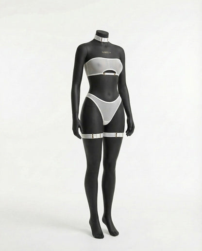 Mesh Bandeau Lingerie Set With Thigh Bands