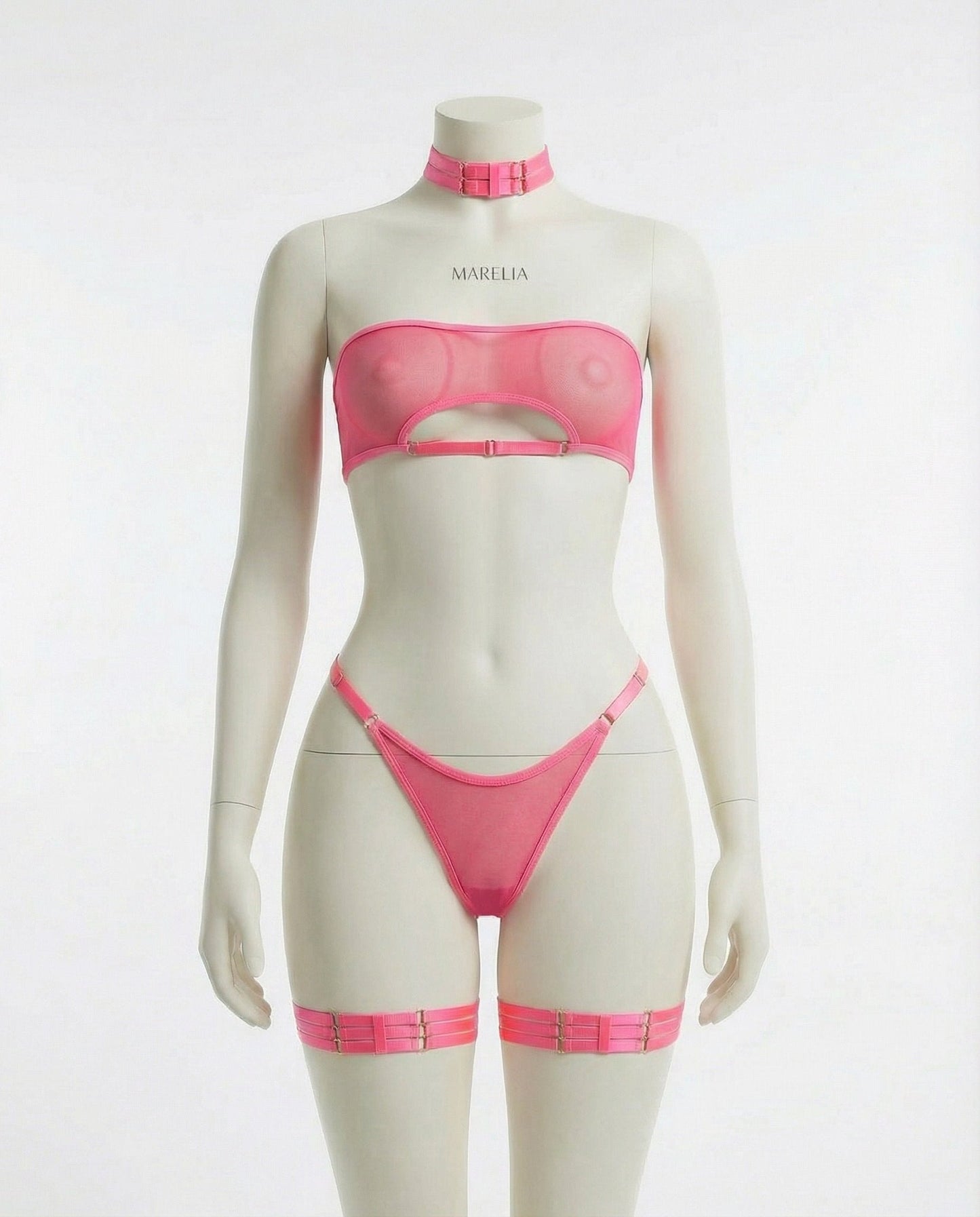 Mesh Bandeau Lingerie Set With Thigh Bands