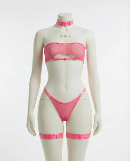 Mesh Bandeau Lingerie Set With Thigh Bands