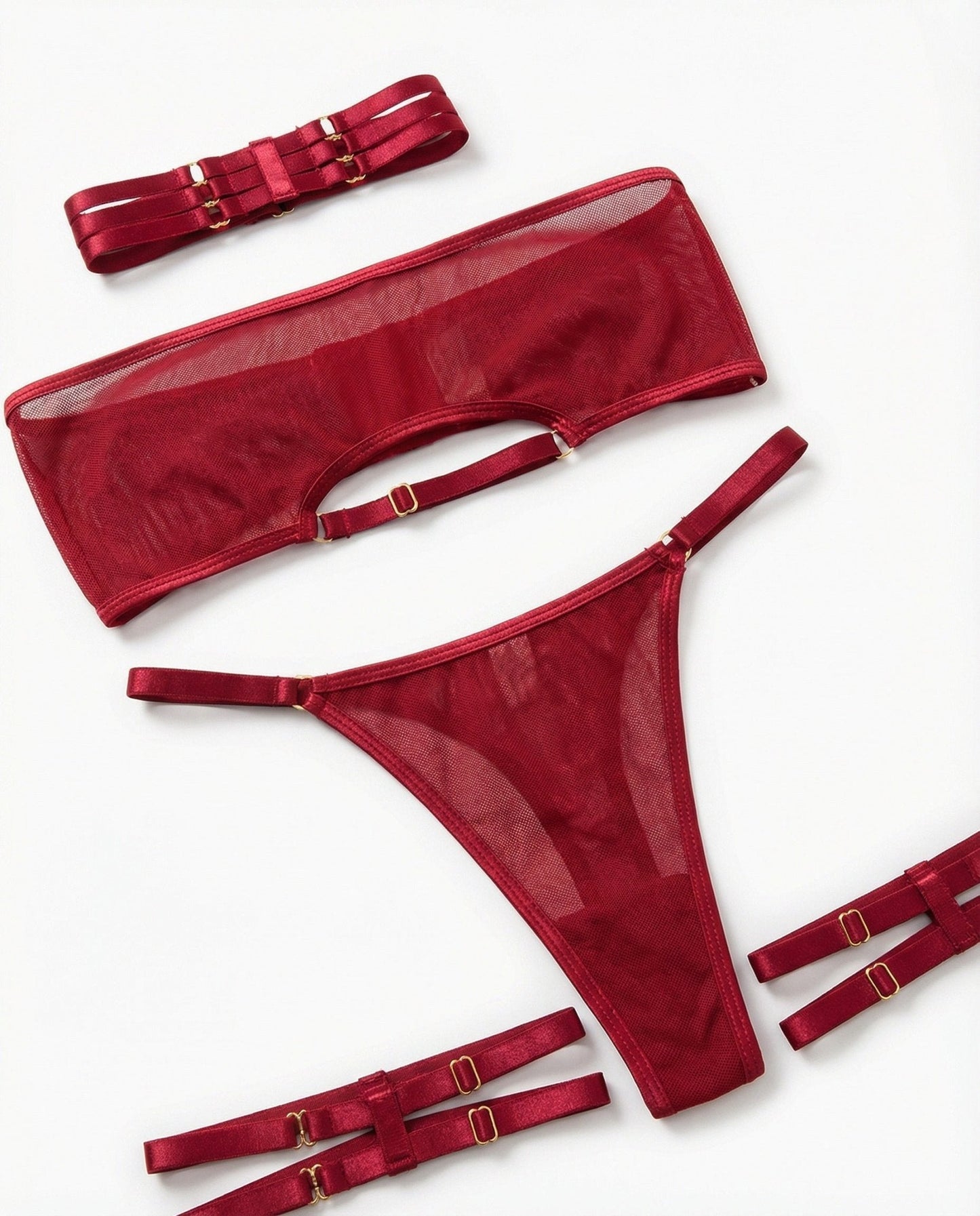 Mesh Bandeau Lingerie Set With Thigh Bands