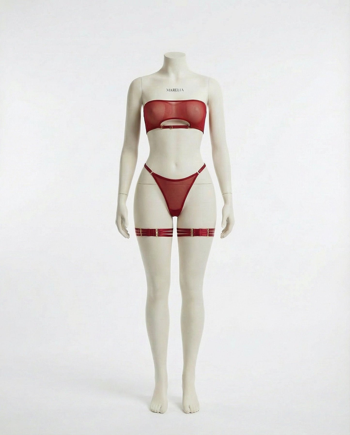Mesh Bandeau Lingerie Set With Thigh Bands