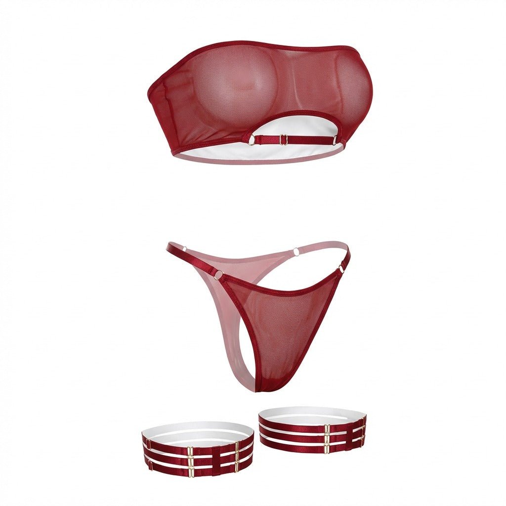 Mesh Bandeau Lingerie Set With Thigh Bands