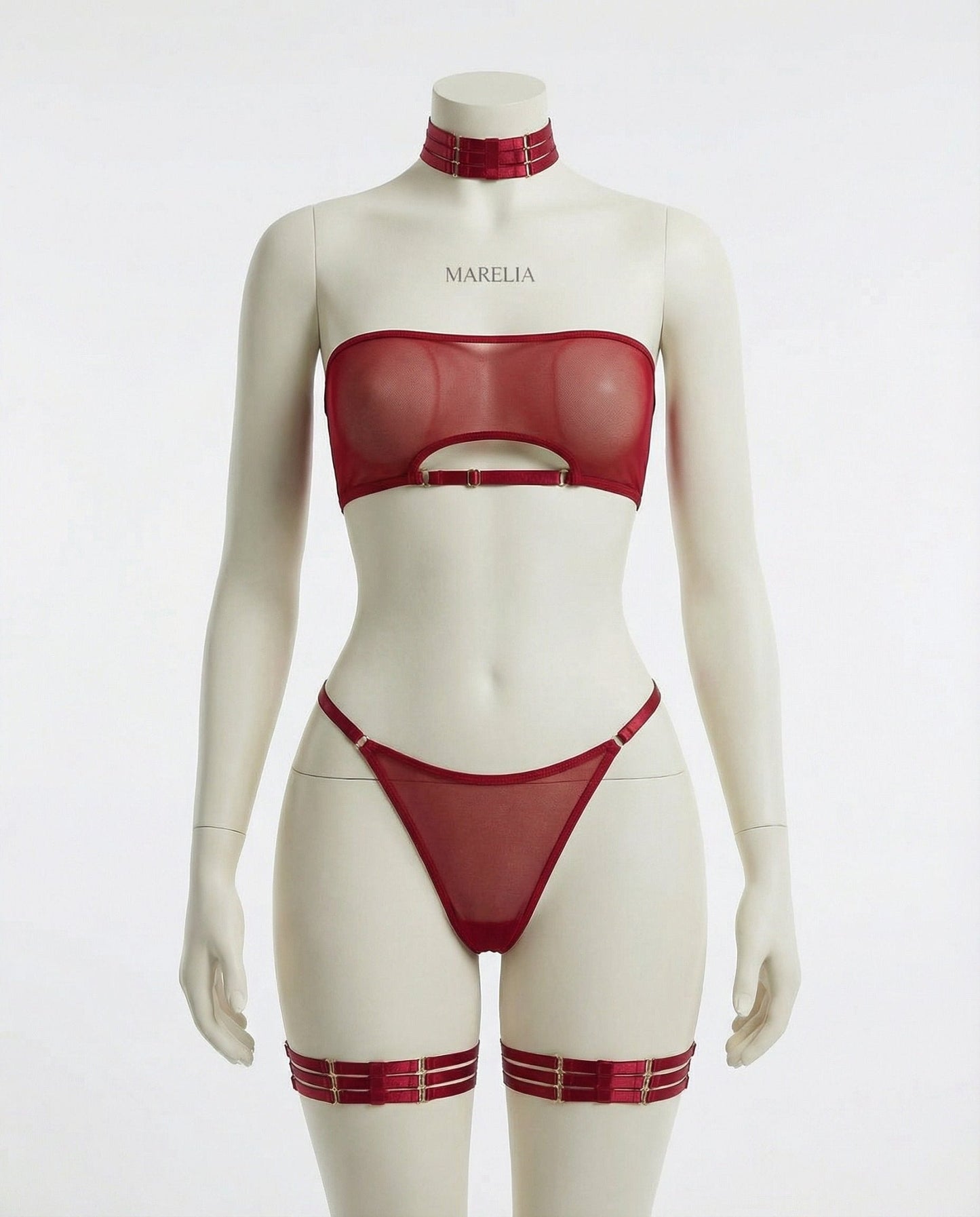 Mesh Bandeau Lingerie Set With Thigh Bands