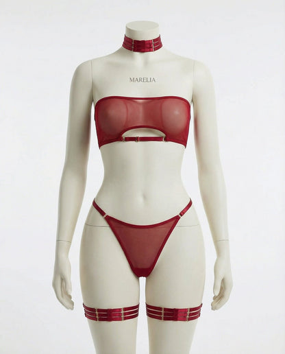 Mesh Bandeau Lingerie Set With Thigh Bands