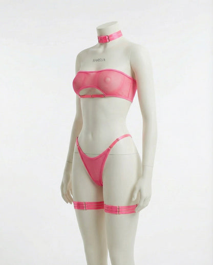 Mesh Bandeau Lingerie Set With Thigh Bands