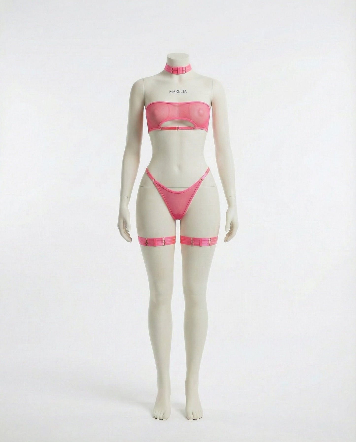 Mesh Bandeau Lingerie Set With Thigh Bands