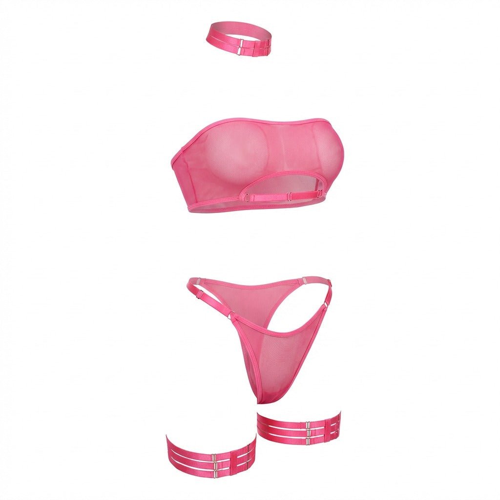 Mesh Bandeau Lingerie Set With Thigh Bands