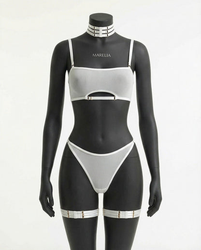 Mesh Bandeau Lingerie Set With Thigh Bands