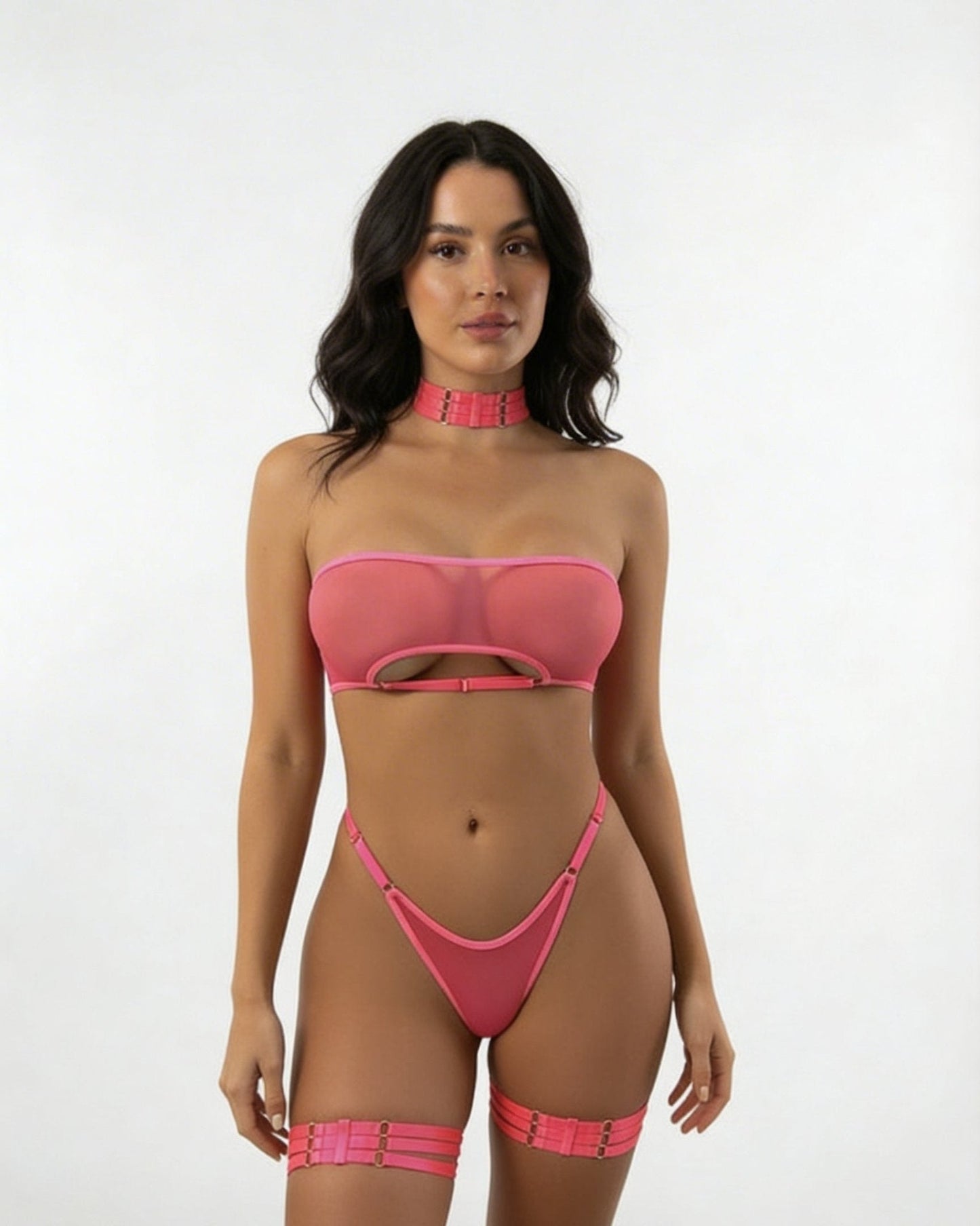 Mesh Bandeau Lingerie Set With Thigh Bands