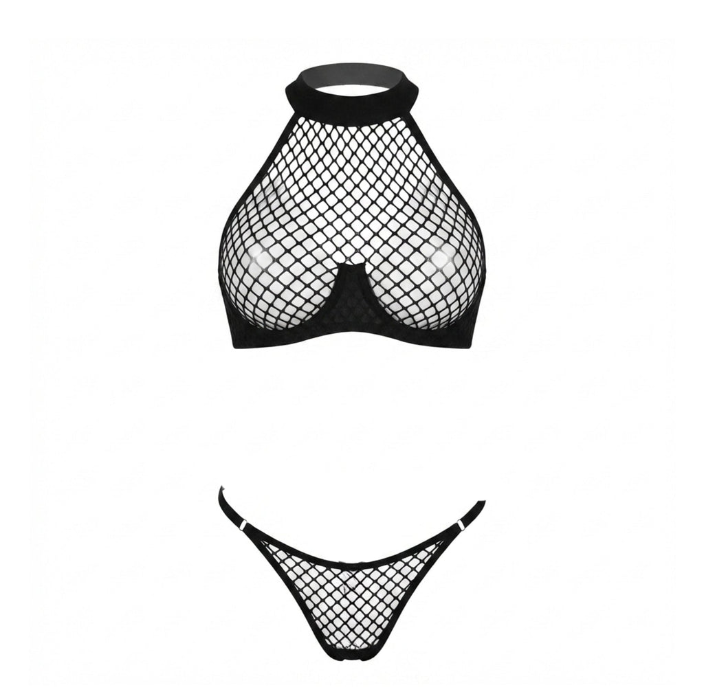 Open Cup Halter Fishnet Lingerie Set - AR UNIVERSALghntshLingerie Sets