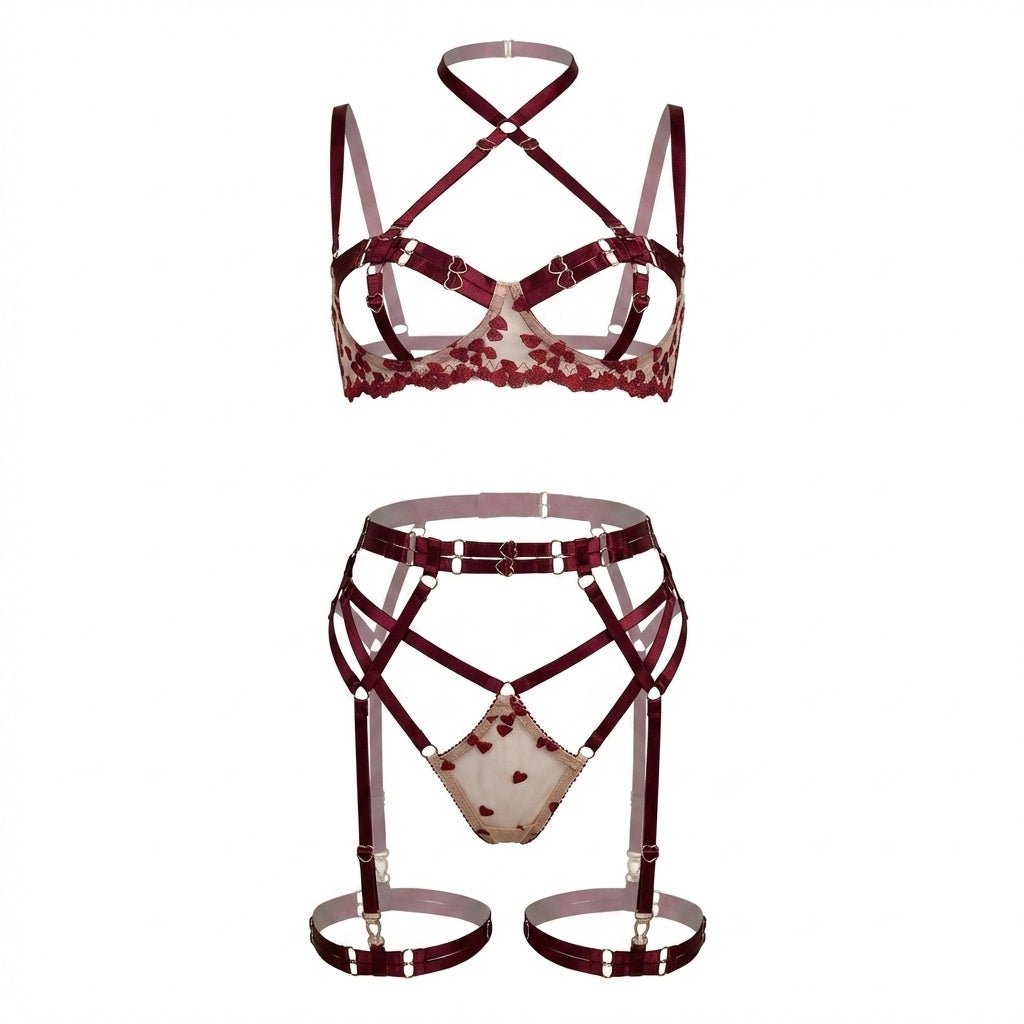 Strappy Harness Lingerie Set with Floral Lace Detail - AR UNIVERSALghntshLingerie Sets