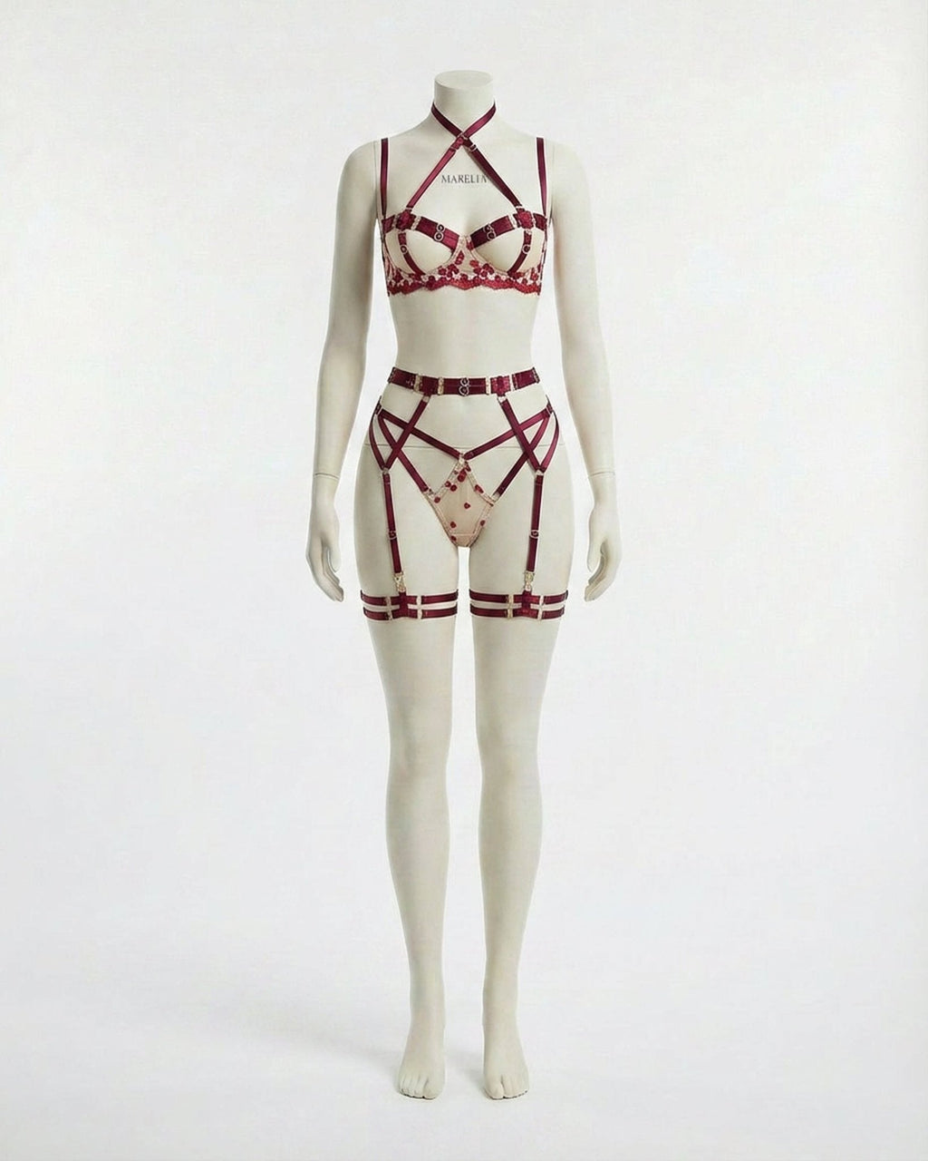 Strappy Harness Lingerie Set with Floral Lace Detail - AR UNIVERSALghntshLingerie Sets