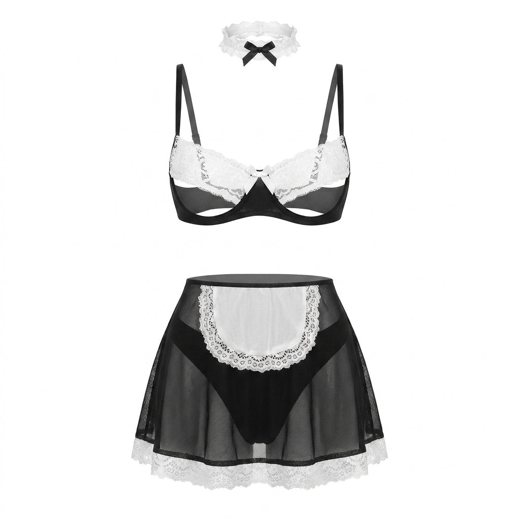 Sexy Mesh Maid Lingerie Costume with Open Cup Design - AR UNIVERSALghntshLingerie Sets