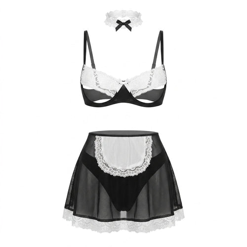 Sexy Mesh Maid Lingerie Costume with Open Cup Design