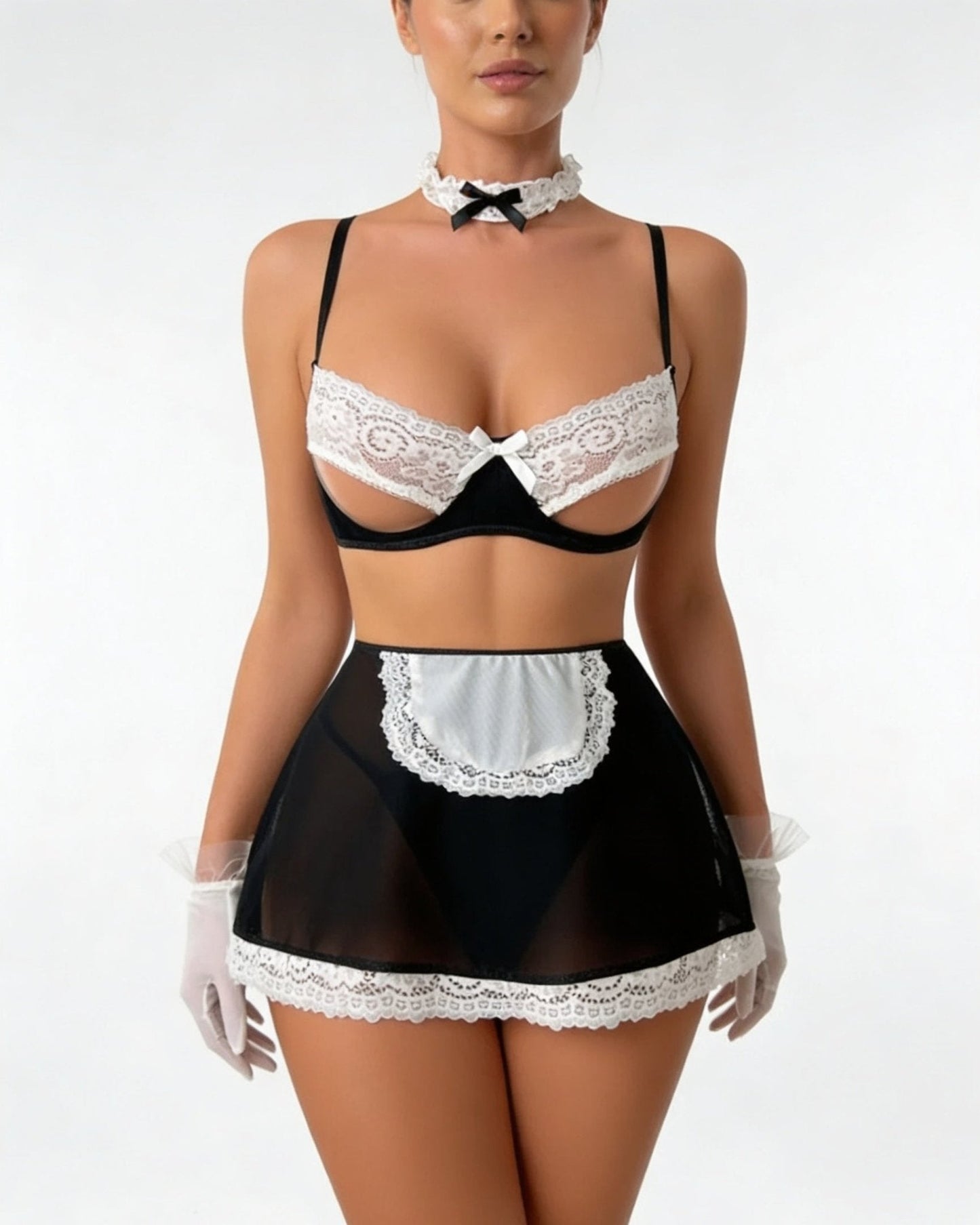 Open Cup Mesh Maid Costume Set