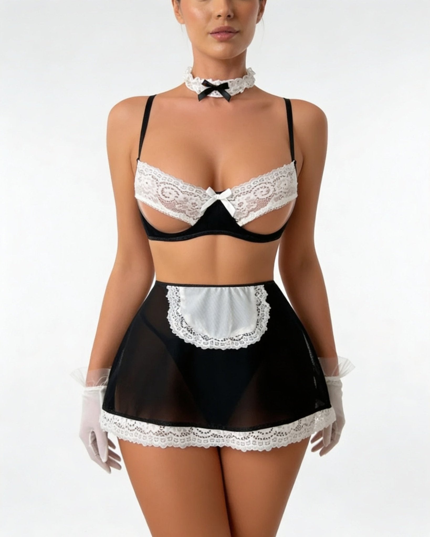 Sexy Mesh Maid Lingerie Costume with Open Cup Design - AR UNIVERSALghntshLingerie Sets