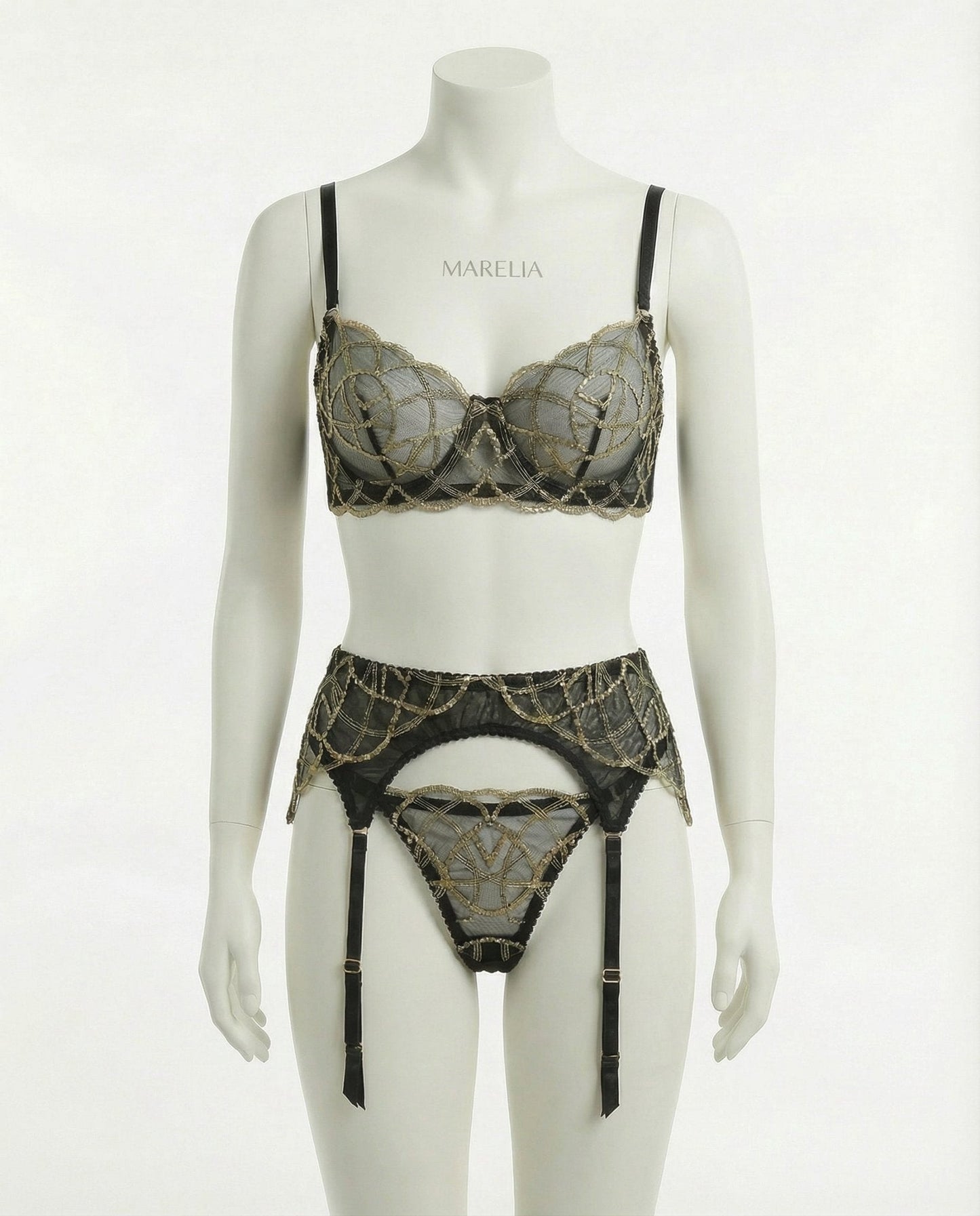 Pearl Embellished Lace Bra Suspender Belt And Thong Set
