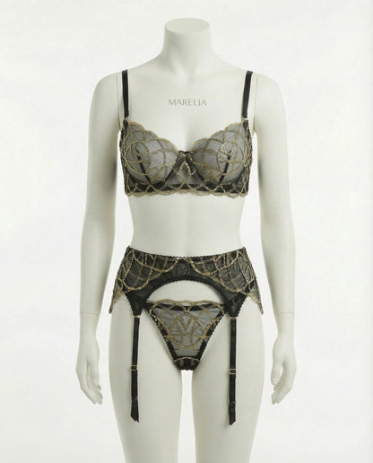 Pearl Embellished Lace Bra Suspender Belt And Thong Set