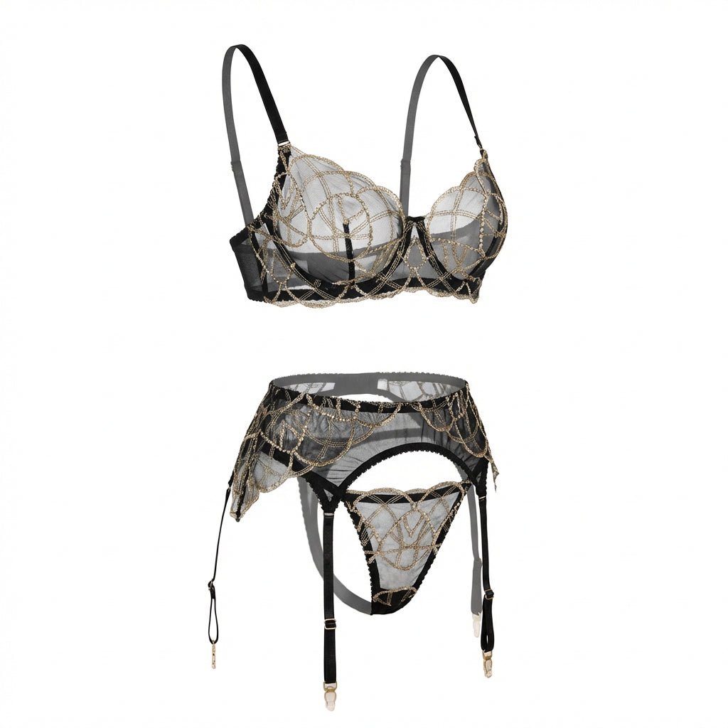 Pearl Embellished Lace Bra Suspender Belt And Thong Set