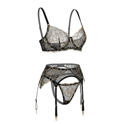Pearl Embellished Lace Bra Suspender Belt And Thong Set