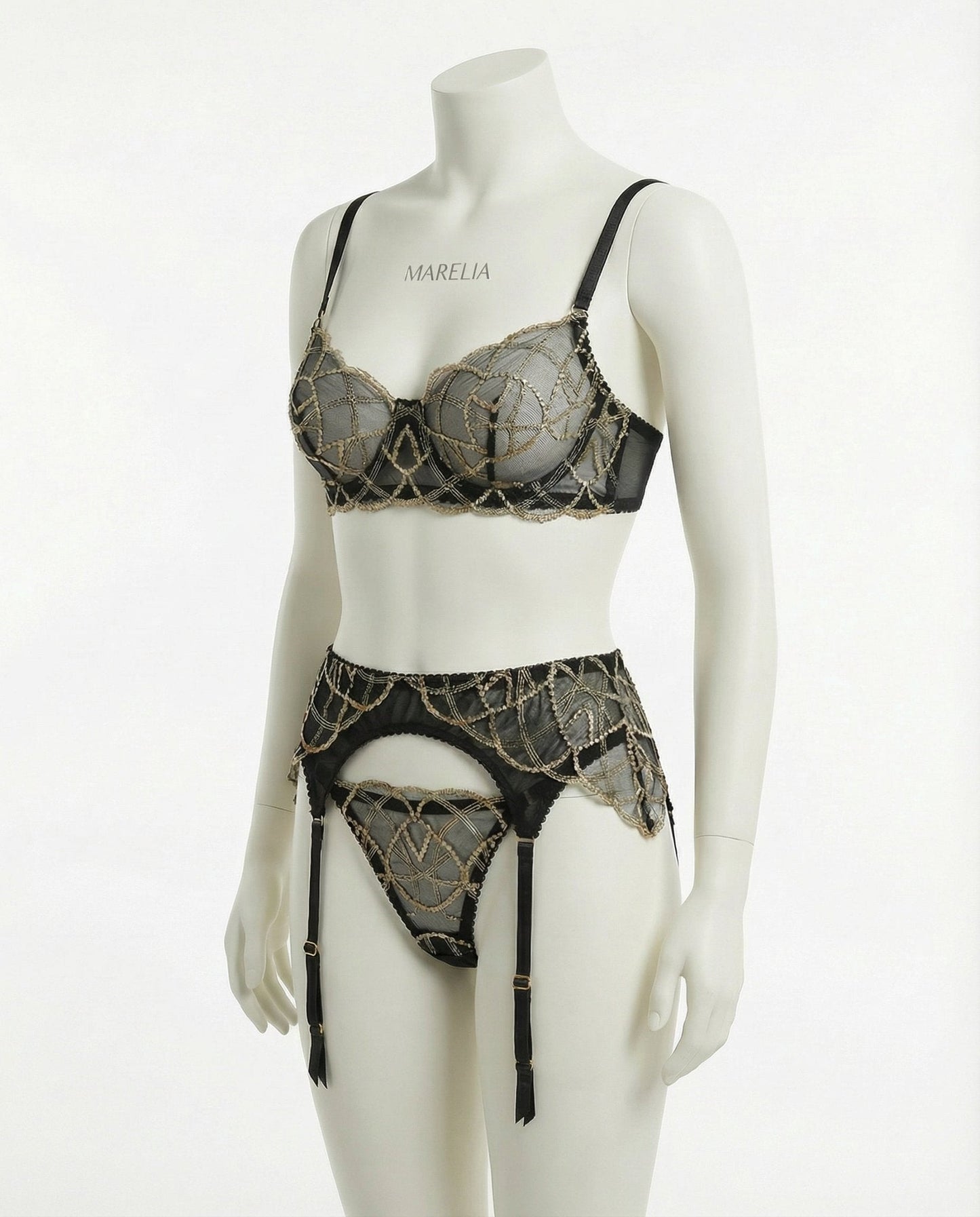 Pearl Embellished Lace Bra Suspender Belt And Thong Set