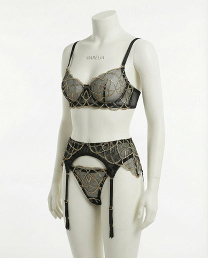 Pearl Embellished Lace Bra Suspender Belt And Thong Set