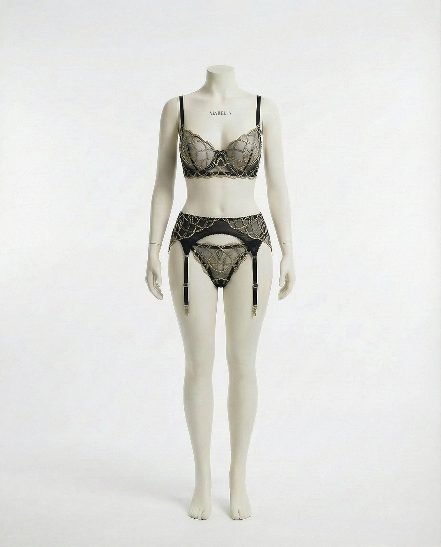 Pearl Embellished Lace Bra Suspender Belt And Thong Set