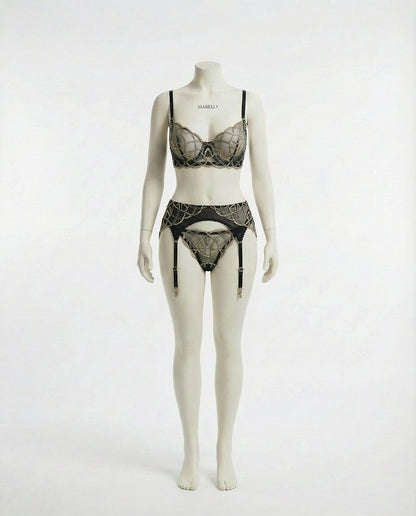 Pearl Embellished Lace Bra Suspender Belt And Thong Set