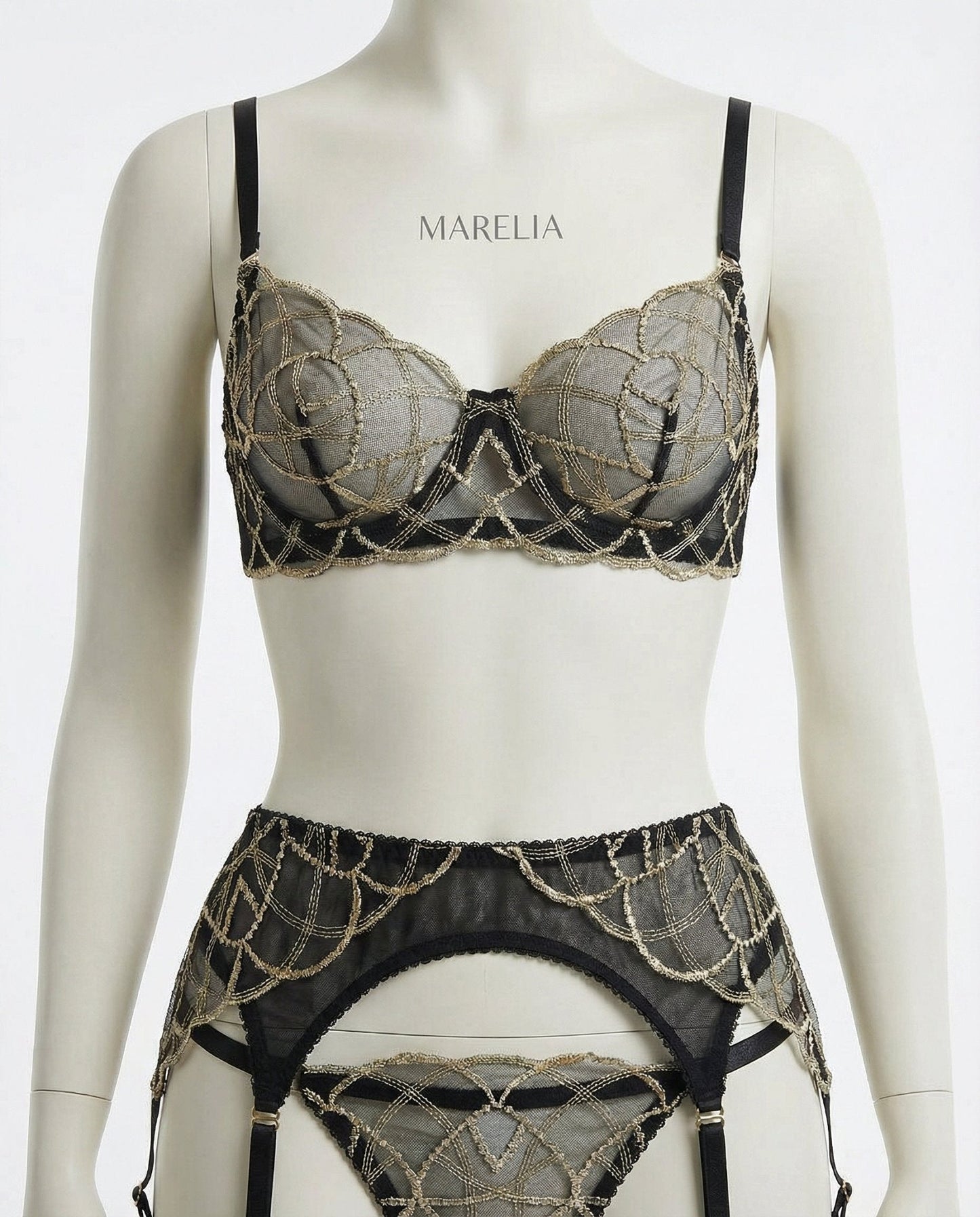 Pearl Embellished Lace Bra Suspender Belt And Thong Set