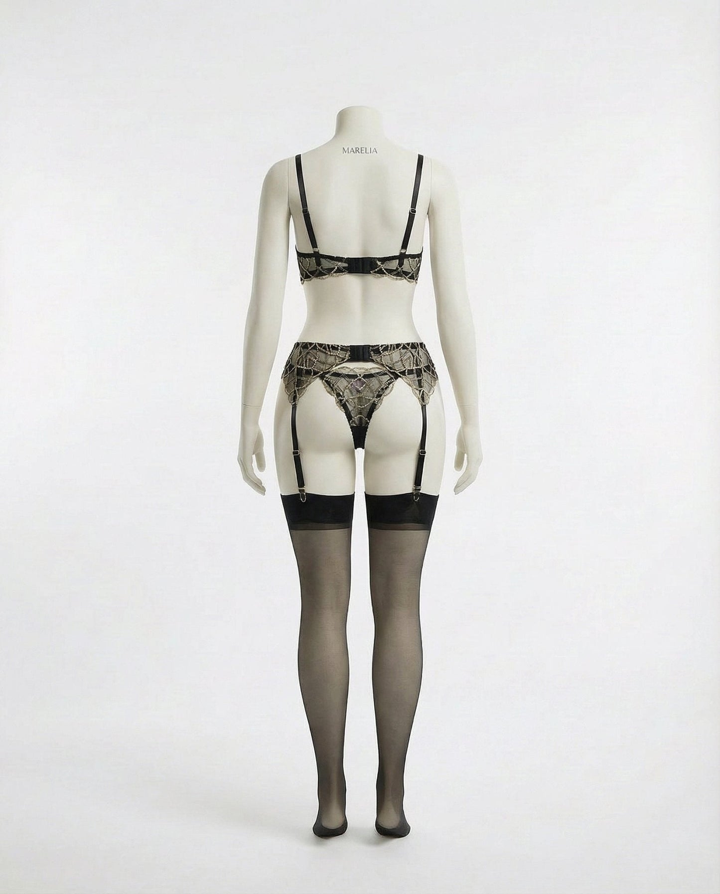 Pearl Embellished Lace Bra Suspender Belt And Thong Set
