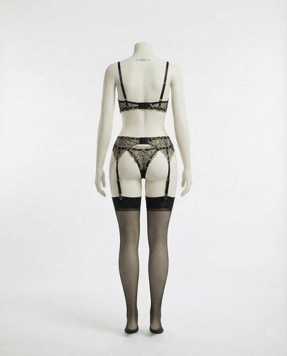 Pearl Embellished Lace Bra Suspender Belt And Thong Set