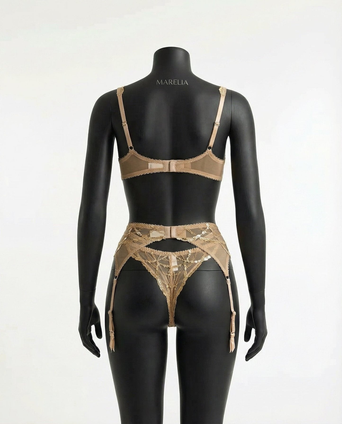 Pearl Embellished Lace Bra Suspender Belt And Thong Set