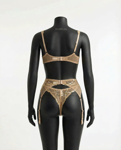Pearl Embellished Lace Bra Suspender Belt And Thong Set