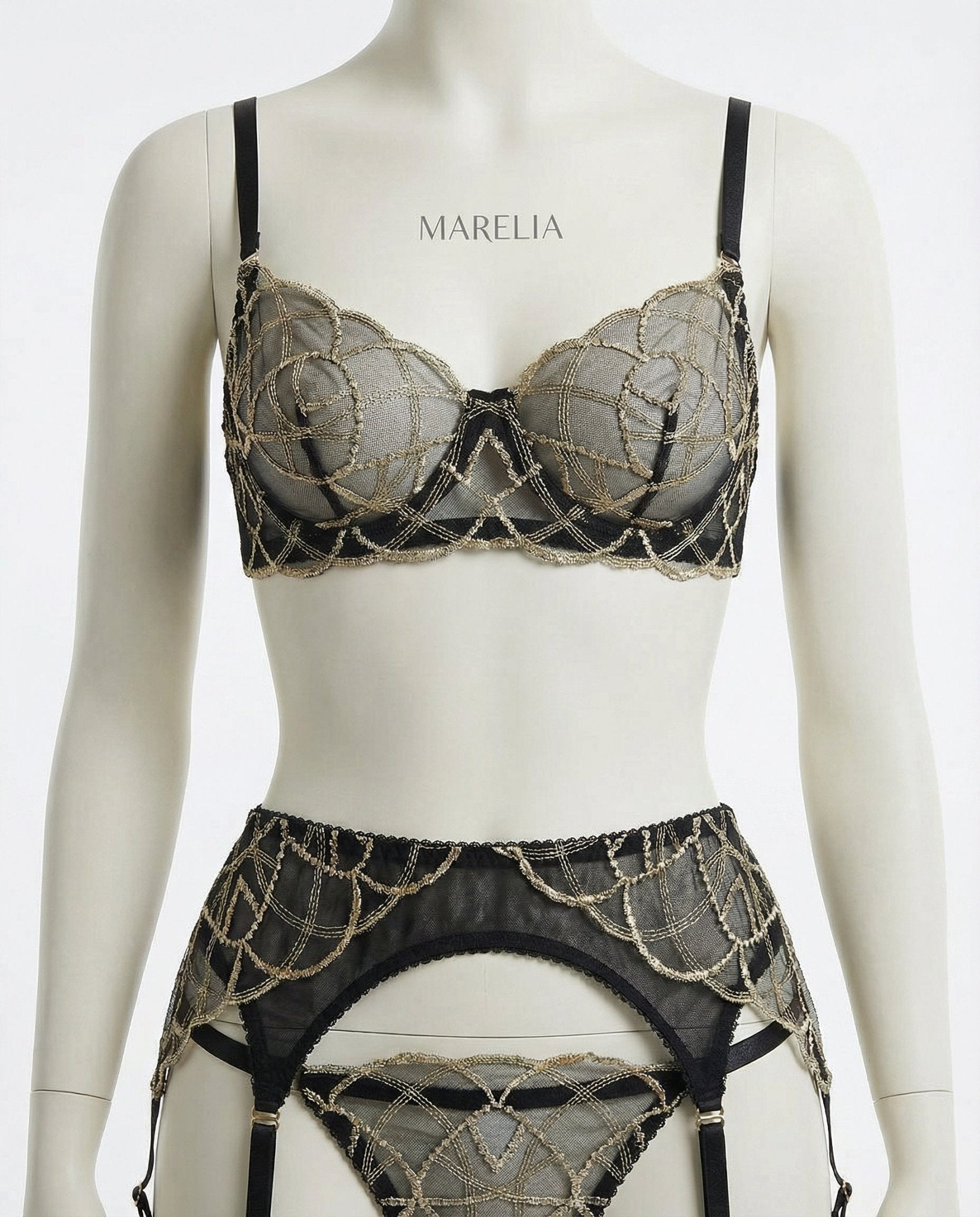 Pearl Lace Lingerie Set - Bra, Suspender Belt & Thong - AR UNIVERSALghntshLingerie Set