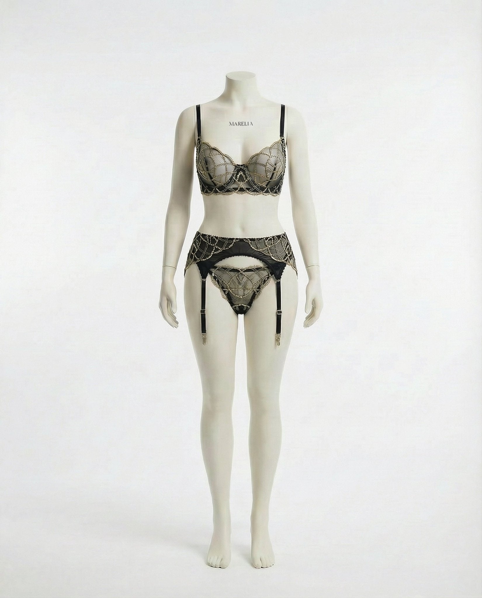 Pearl Lace Lingerie Set - Bra, Suspender Belt & Thong - AR UNIVERSALghntshLingerie Set