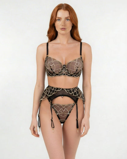 Pearl Embellished Lace Bra Suspender Belt And Thong Set