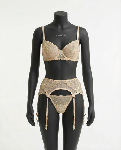 Pearl Embellished Lace Bra Suspender Belt And Thong Set