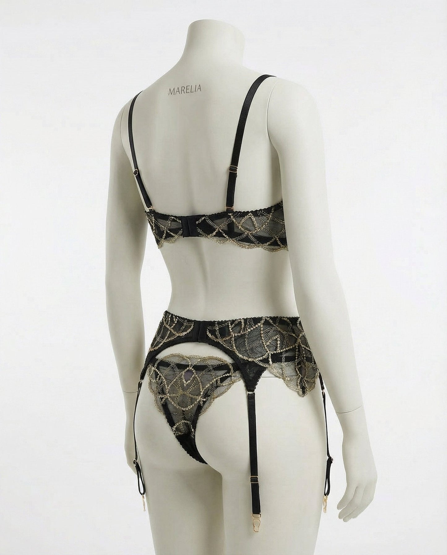 Pearl Embellished Lace Bra Suspender Belt And Thong Set