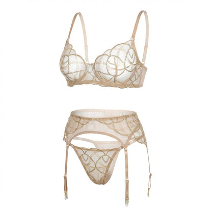 Pearl Embellished Lace Bra Suspender Belt And Thong Set