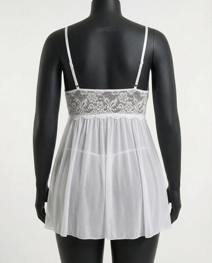 Plus Size Lace Babydoll With Pleated Mesh Skirt And Thong